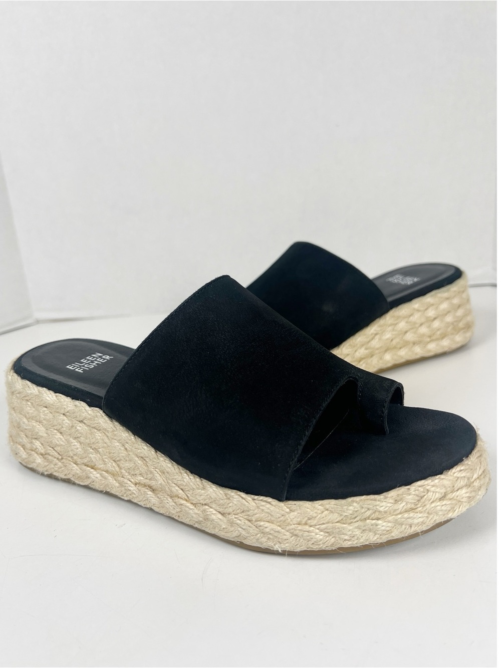 EILEEN FISHER Women’s Size 7.5 Black Leather Tarry Espadrille Wedge Slide Sandal